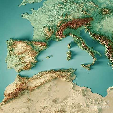 West Mediterranean Sea 3D Render Topographic Map Color Digital Art by ...