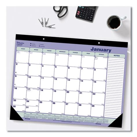 Monthly Desk Pad Calendar, 21.25 x 16, White/Blue/Green Sheets, Black Binding, Black Corners, 12 ...