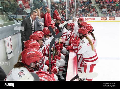 Wisconsin Badgers Head Coach Mark Johnson talks to his players during ...