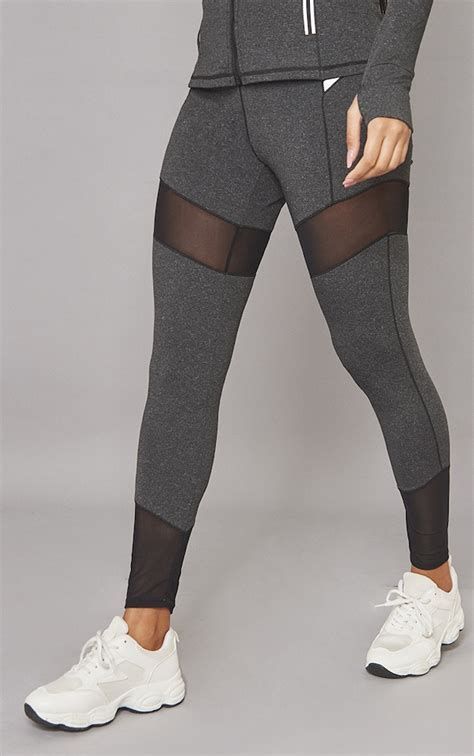 Black Mesh Panel Marl Gym Leggings | PrettyLittleThing USA