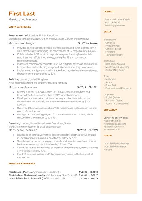 Maintenance Manager Resume Examples for 2024 | Resume Worded