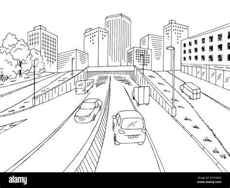 Street road graphic black white city landscape sketch illustration ...