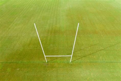 Image of Aerial view of NRL footy field and goal posts. - Austockphoto