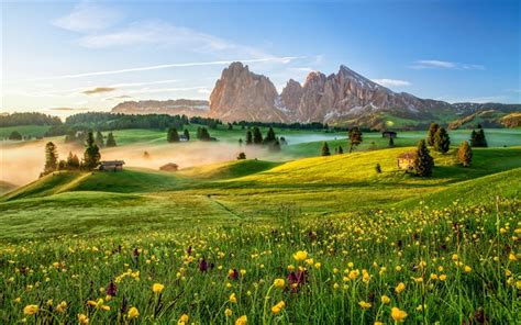 Download wallpapers Italy, 4k, meadows, morning landscapes, mountains, Dolomites, Alps, fog ...