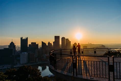 Pittsburgh Skyline Sunrise Engagement overlooking downtown Pittsburgh