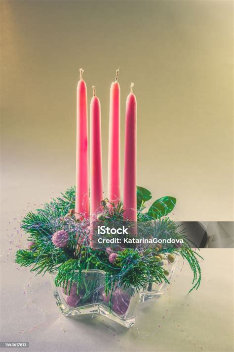 Pink Advent Candle On Round Advent Wreath Isolated Stock Photo - Download Image Now - iStock