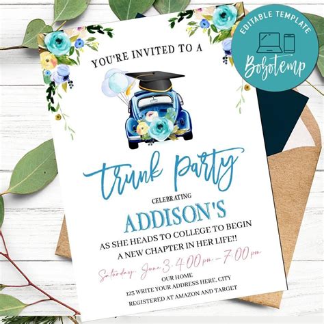 Floral College Trunk Party Invitation Wording to Print at Home ...