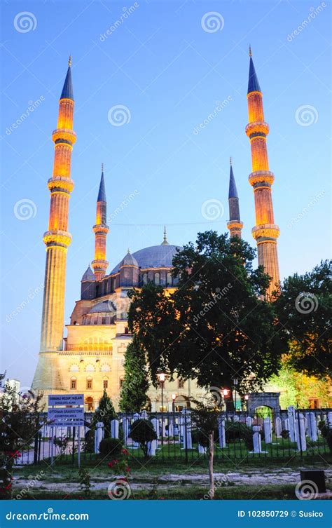 Selimiye Mosque at night. editorial stock image. Image of monument - 102850729