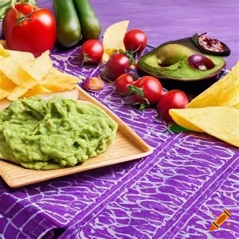 Table setting with guacamole, chips, and vegetables on Craiyon