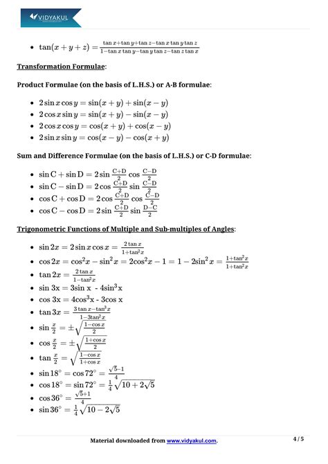 Class 11th Math Trigonometric Functions Formulas CBSE 2023