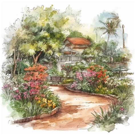 Premium AI Image | A watercolor sketch of a garden with a garden path ...