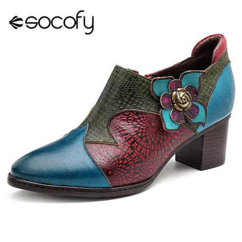 Socofy Pointed Toe Retro Pumps Women Shoes 5cm High Heels Genuine ...