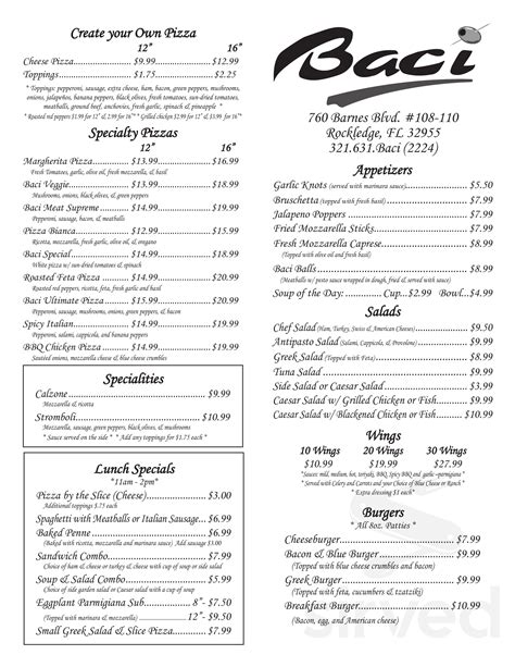 Menu for Baci in Rockledge, FL | Sirved