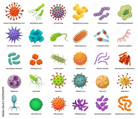 Bacteria and virus icons. Disease-causing bacterias, viruses and microbes. Color germs ...