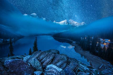 Canada Fog Forest Lake Moraine Lake Night Snow Starry Sky Stars Winter Wallpaper - Resolution ...