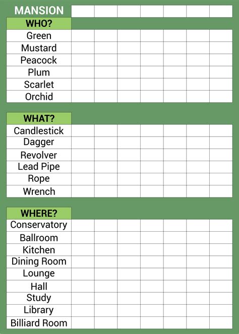 Printable Clue Game Sheets