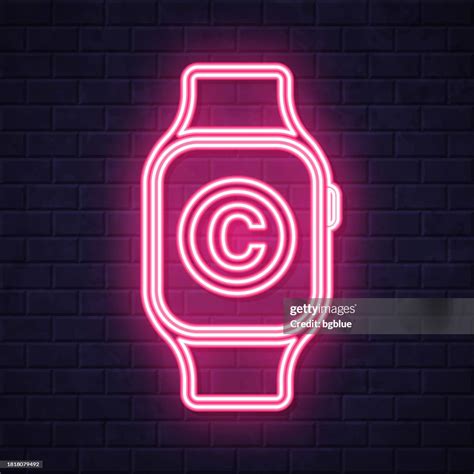Smartwatch With Copyright Symbol Glowing Neon Icon On Brick Wall Background High-Res Vector ...