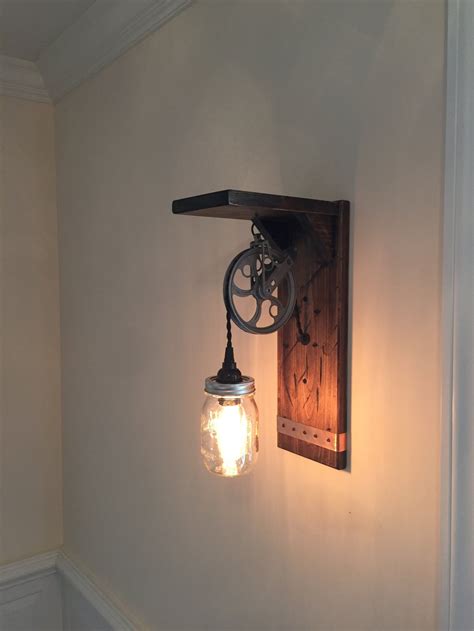 Rustic Steampunk Wall Light, Mason Jar, Pulley, and Edison Bulb With a Shelf. Farmhouse or ...