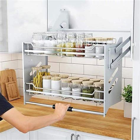 WHIFEA 2 Tier Pull-Out Cabinet Organizer Drop Down Shelf Blind Pull-Down Dish and Spice Rack ...