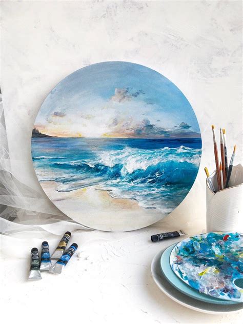 Seascape round canvas art, Original acrylic painting, One of a kind painting в 2020 г (с ...