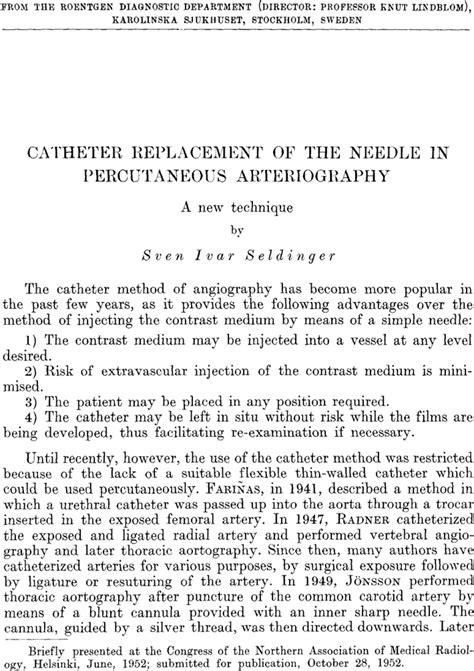 Catheter Replacement of the Needle in Percutaneous Arteriography: A New Technique - Sven Ivar ...