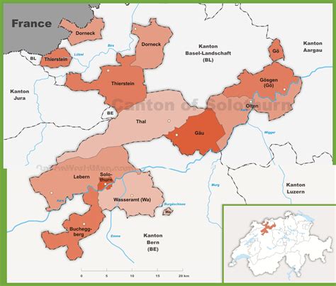 Canton of Solothurn district map - Ontheworldmap.com