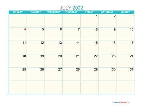 July Monday 2022 Calendar Printable | Calendar Quickly