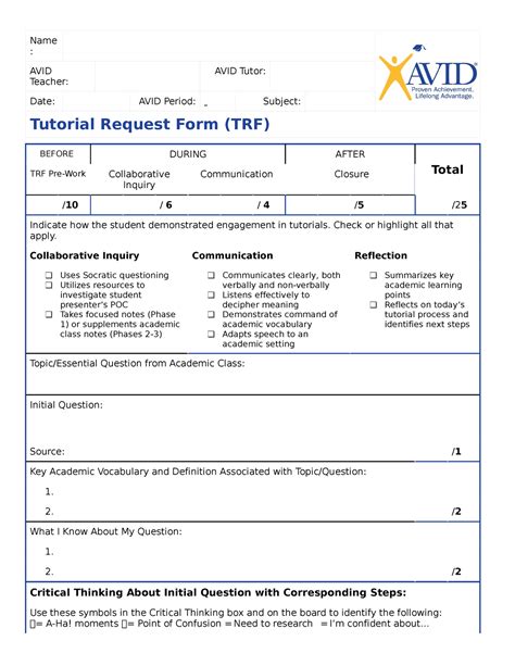 Tutorial Request Form Fillable Word format - Name : AVID Teacher: AVID Tutor: Date: AVID Period ...