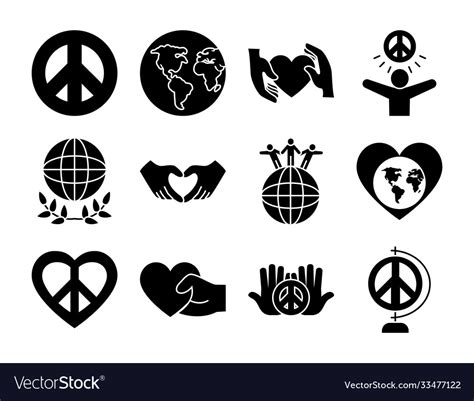 Earth planet and peace symbol icon set silhouette Vector Image