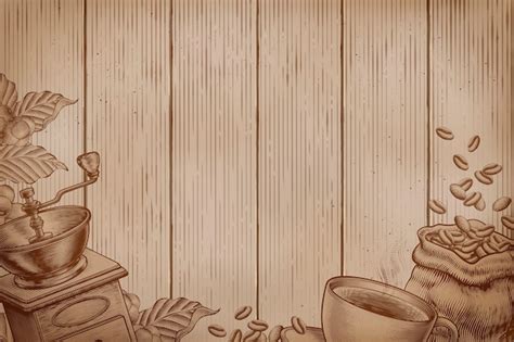 Premium Vector | Coffee background on wood planks in engraving style