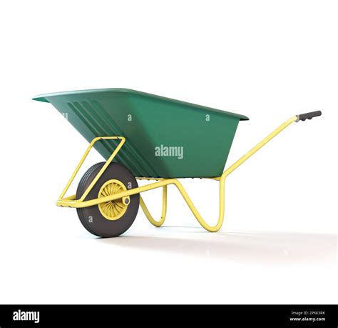 A typical green and yellow garden wheelbarrow on an isolated white studio background - 3D render ...