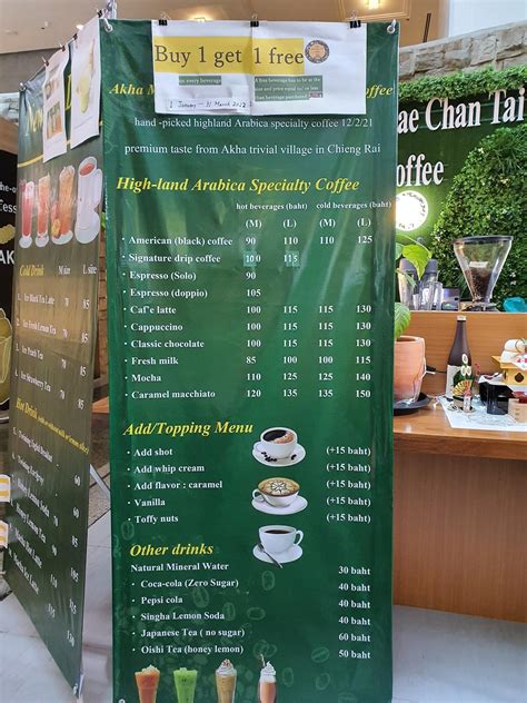 Menu at Akha Mae Chan Tai coffee shop and roasters, Bangkok