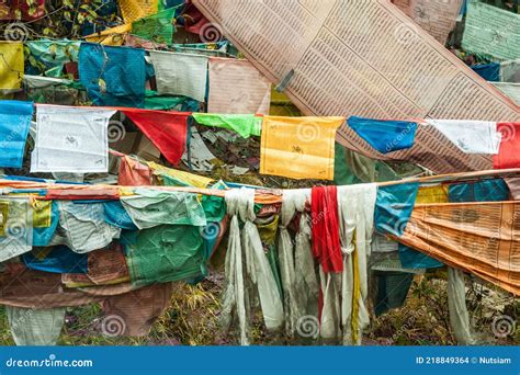 Colorful Buddhist Prayer Flags with Buddhism Symbols. Stock Photo ...