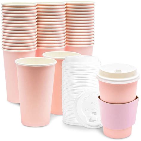 48-Pack Blush Pink Insulated Disposable Coffee Cups with Lids and Sleeves, 16oz Paper Hot Cup to ...