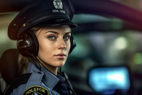 Premium AI Image | Female police officer speaking on the radio with police car behind her with ...