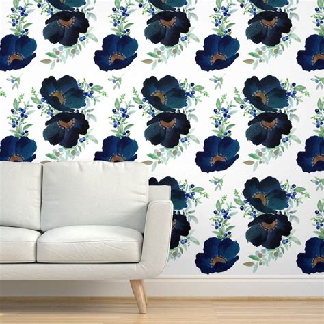 Blue Floral Wallpaper Blueberry Fields by Shopcabin Navy - Etsy