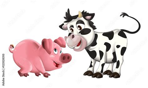 Cartoon funny young pig and cow - friends - isolated - illustration for children Stock ...