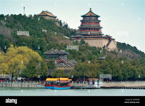 Summer Palace with historical architecture and boat in Beijing Stock ...