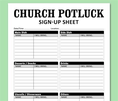 Church Potluck Sign up Sheet Printable Template, Faith Community Brunch ...