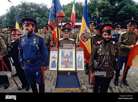 Russian Don Cossacks stand at attention during a blessing at the ...