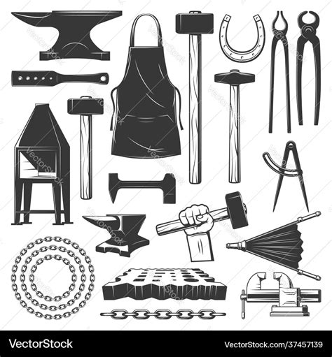 Blacksmithing ironworks and forging tools icons Vector Image