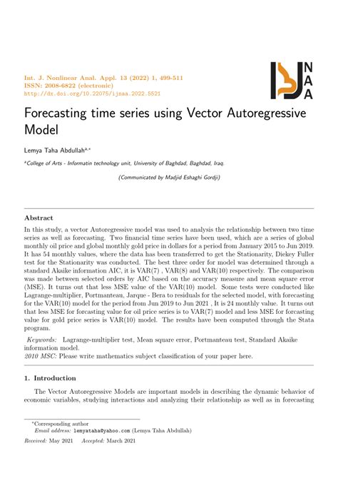 (PDF) Forecasting time series using Vector Autoregressive Model