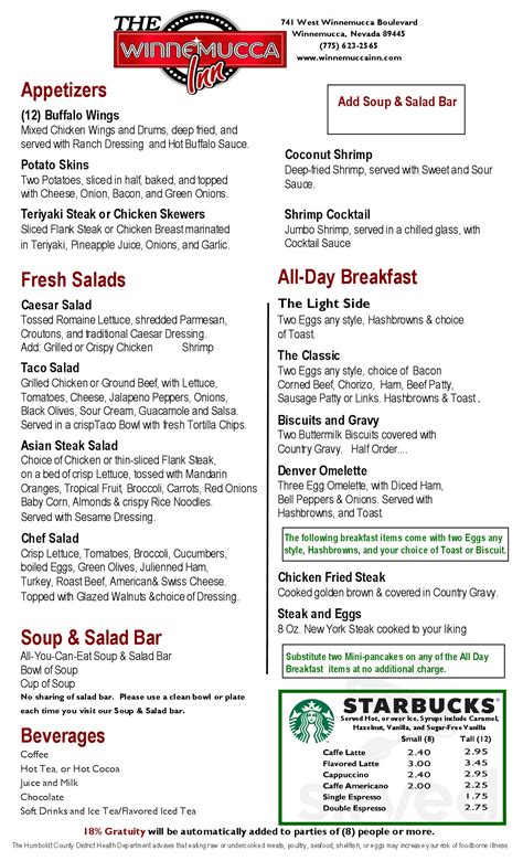 Garden Cafe menu in Winnemucca, Nevada, USA