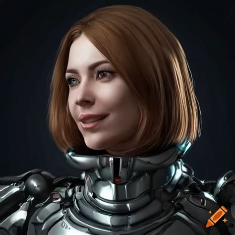 Futuristic female cyborg in chrome armor standing in a spaceship