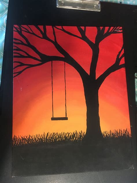 a painting of a tree with a swing hanging from it's trunk and the sun in the background