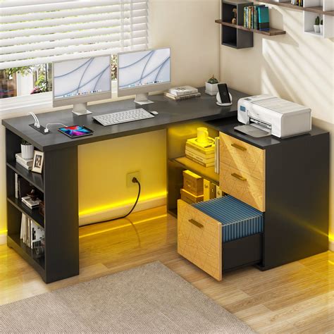 Dextrus L Shaped Desk with LED Light & Power Outlets, 59 Inch Reversible Computer Desk with File ...