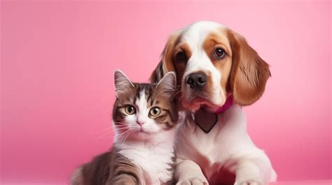 Premium Photo | Cute Cat and Dog Hugging each other on Pink Isolated