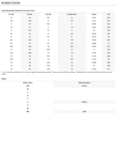 Men's Shoe Size Conversions Chart - Allen Edmonds Download Printable ...