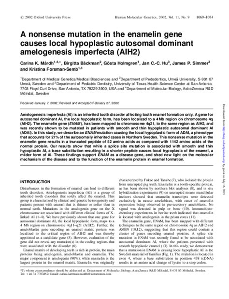 (PDF) A nonsense mutation in the enamelin gene causes local hypoplastic autosomal dominant ...