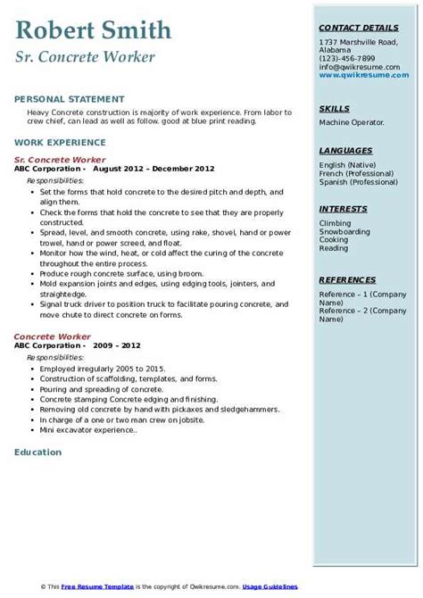 Concrete Worker Resume Samples | QwikResume